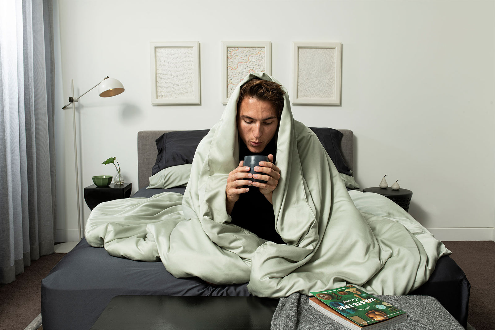 Man wrapped up in bamboo sheets