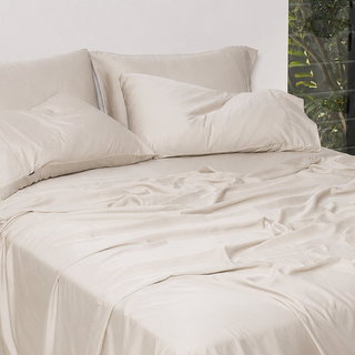 Cooling Bamboo Flat Sheet in Oatmeal, side view
