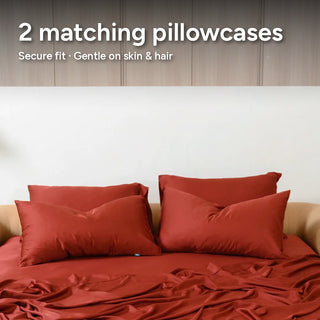 Burgundy bamboo sheet set, low45 view