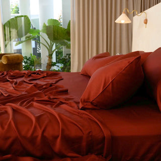 Burgundy bamboo sheet set, side view