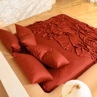 Burgundy bamboo sheet set, side view