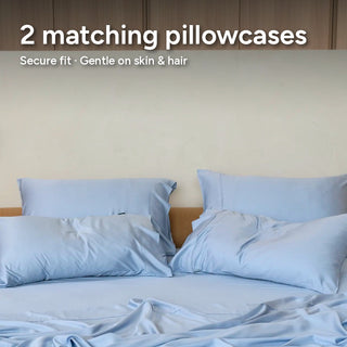 Sky bamboo sheet set, low45 view