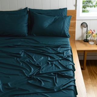 Fur-friendly Bamboo Flat Sheet in Reef Teal, side view