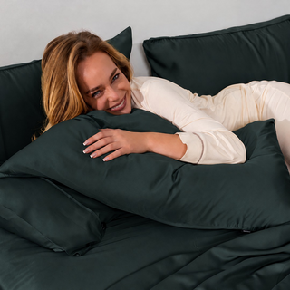 Fur-friendly Bamboo Pillowcase Set in Midnight Pine, styled