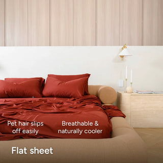 Burgundy fur-friendly bamboo sheet set, low45 view