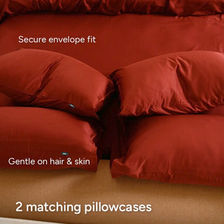 Burgundy fur-friendly bamboo sheet set, overhead view
