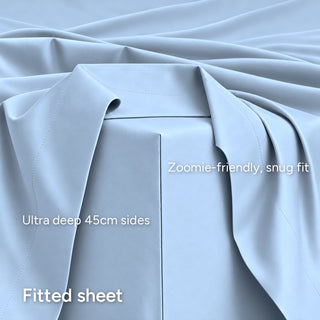 Sky fur-friendly bamboo sheet set, closeup view