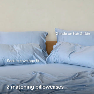 Sky fur-friendly bamboo sheet set, closeup view
