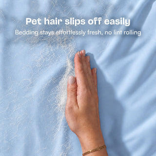 Sky fur-friendly bamboo sheet set, closeup view