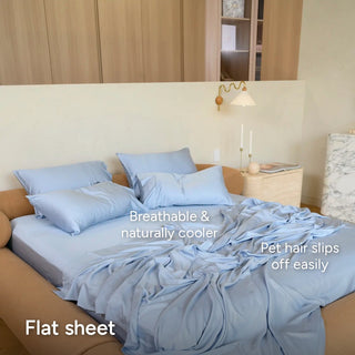 Sky fur-friendly bamboo sheet set, low45 view